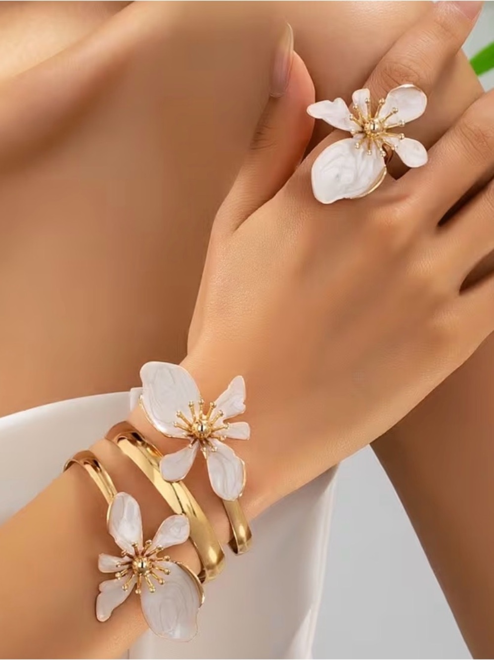 Gold Floral Bracelet and Ring Set with White Petal Accents - Women Jewelry